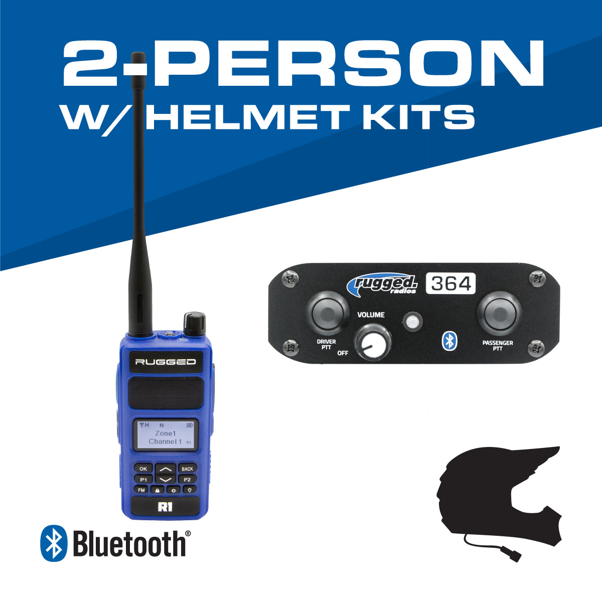 2 Person - 364 Communication Intercom Bundle with 2-Way Radio and Helmet Kits