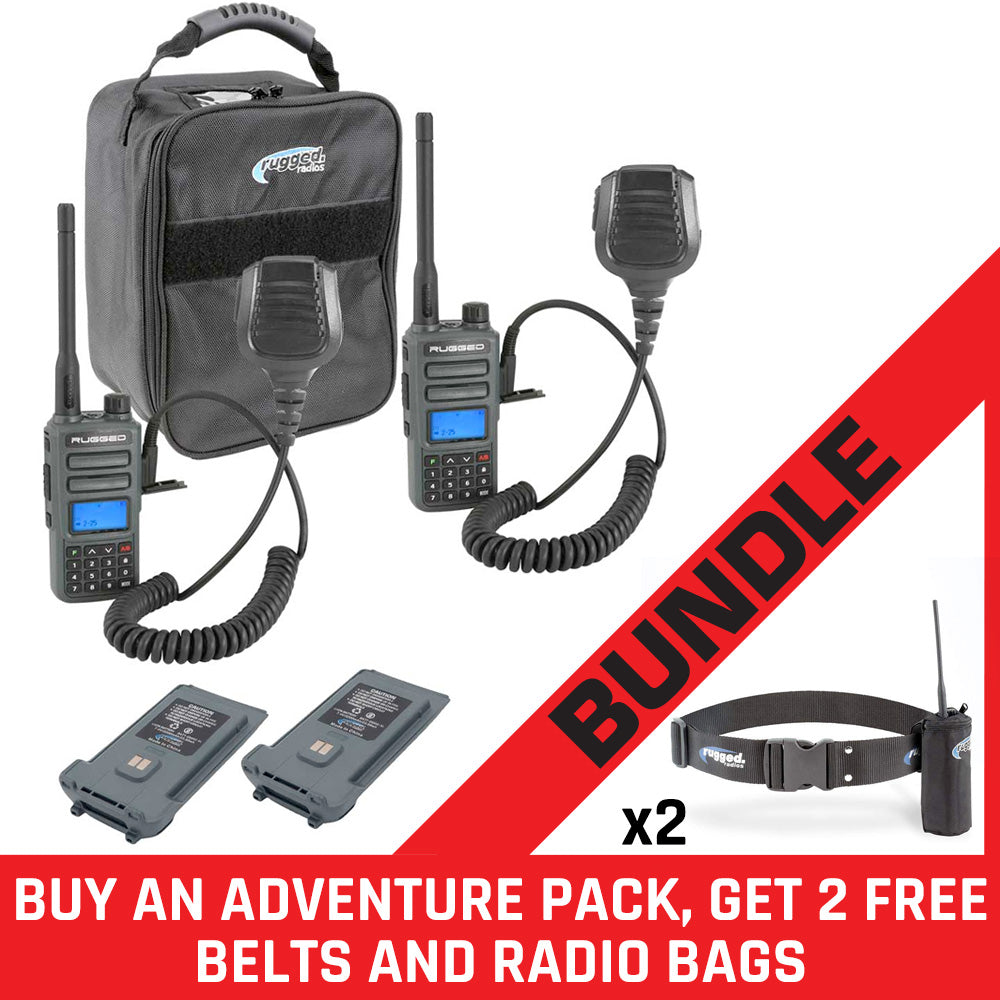 ADVENTURE PACK - Rugged GMR2 GMRS and FRS Hand Held Radios pair - BUNDLE with 2 Communication Belt / Bag Combos for Moto & Circle Track Racing